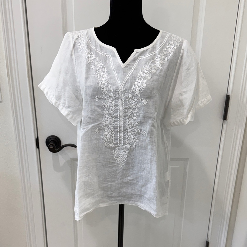 White Linen Embroidered Women's Top